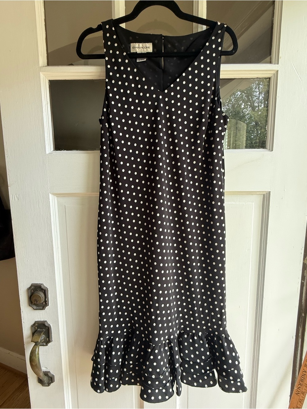 Evan Picone Black & White Polka Dot Sleeveless Dress Ruffle Hem